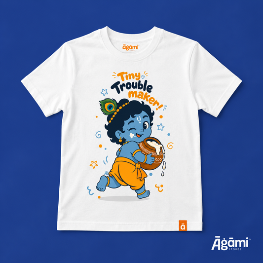 Tiny Trouble Maker Krishna Kids Tshirt | White