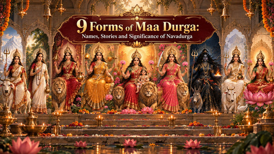 Nine forms of Maa Durga, Navadurga, depicted in a traditional Indian temple setting