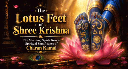 Sacred lotus feet of Shree Krishna with auspicious symbols, representing Charan Kamal devotion.