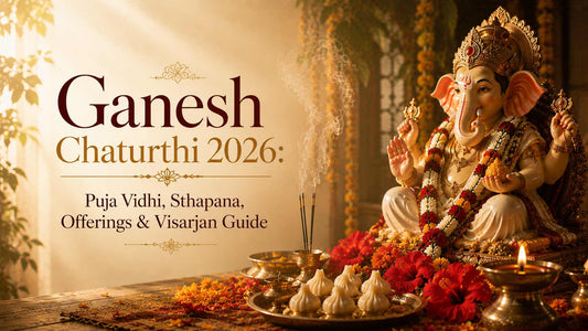 Ganesh Chaturthi celebration with a beautifully adorned Lord Ganesha idol, modaks, flowers, brass diyas and puja offerings in a warm, golden Indian home setting.