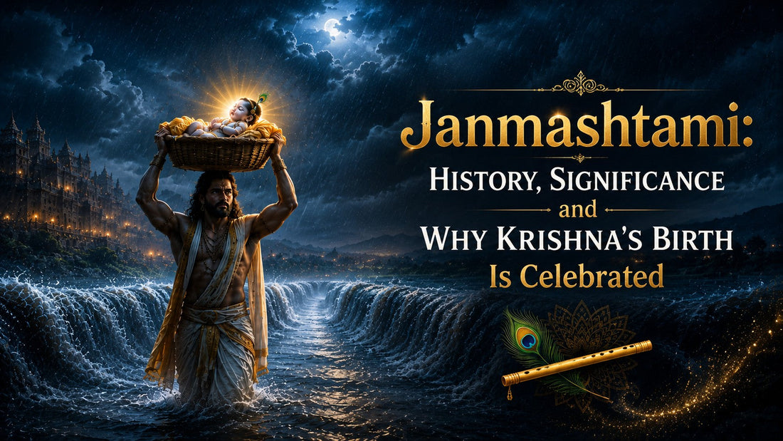 Vasudeva carrying newborn Krishna across the Yamuna on Janmashtami night, symbolizing Krishna's miraculous birth and the journey from Mathura to Gokul.