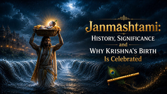 Vasudeva carrying newborn Krishna across the Yamuna on Janmashtami night, symbolizing Krishna's miraculous birth and the journey from Mathura to Gokul.