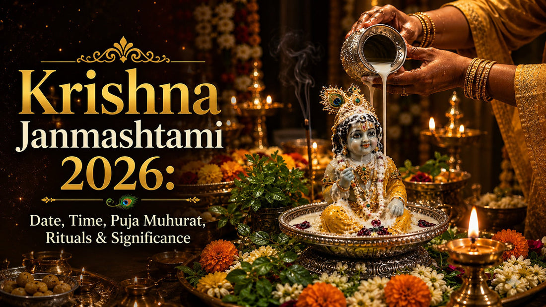 Krishna Janmashtami devotional scene showing Bal Gopal Krishna receiving Abhishekam with milk from a silver vessel, surrounded by flowers, diyas, incense and traditional temple decorations.
