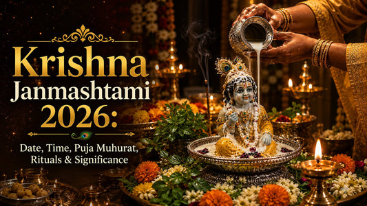 Krishna Janmashtami devotional scene showing Bal Gopal Krishna receiving Abhishekam with milk from a silver vessel, surrounded by flowers, diyas, incense and traditional temple decorations.