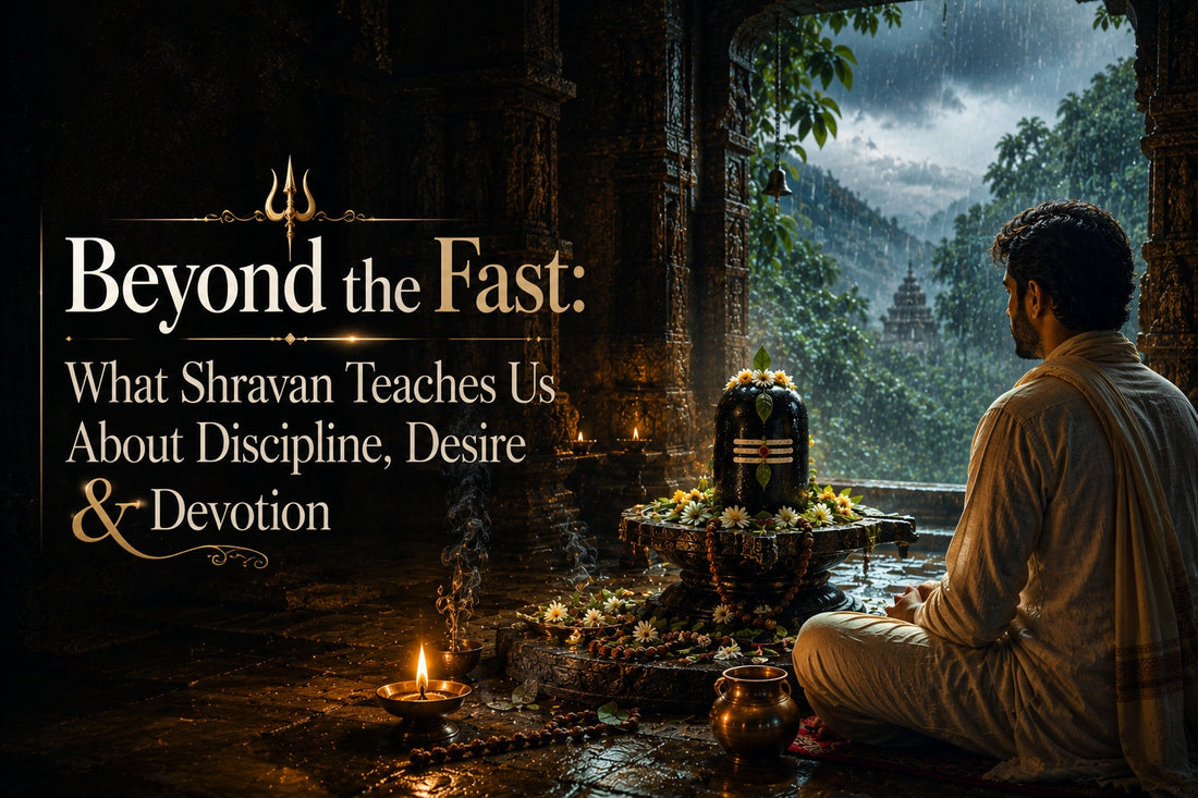 Shravan devotee meditating beside a Shivalingam in an ancient temple during the monsoon symbolizing discipline desire and devotion