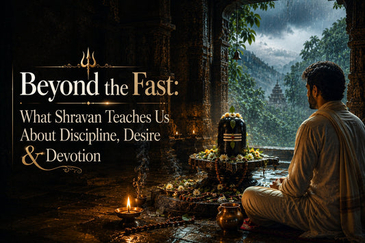 Shravan devotee meditating beside a Shivalingam in an ancient temple during the monsoon symbolizing discipline desire and devotion