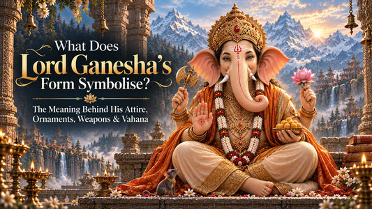 Lord Ganesha seated in a Himalayan temple, showcasing the symbolism of his elephant head, curved trunk, tusks, attire, ornaments, weapons and mouse vahana.