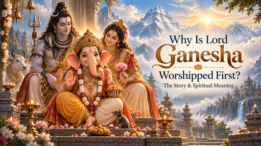 Lord Ganesha seated peacefully with Lord Shiva and Goddess Parvati against the Himalayan landscape of Mount Kailash, representing why Ganesha is worshipped first.
