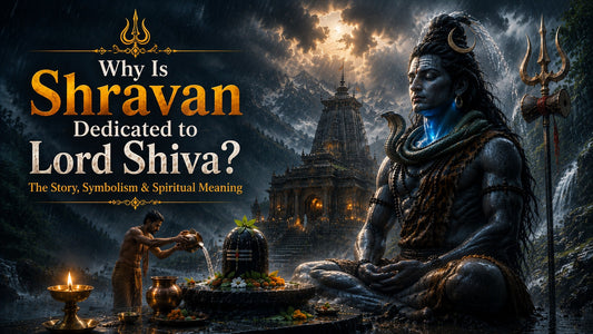 Why Shravan is dedicated to Lord Shiva, depicted through Shiva meditation, temple worship and Shivling abhishekam during the monsoon