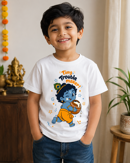 Tiny Trouble Maker Krishna Kids Tshirt | White