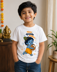 Tiny Trouble Maker Krishna Kids Tshirt | White