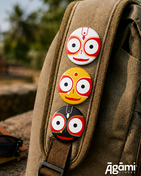 Shree Jagannath, Balabhadra & Subhadra | Set of 3 Pin Badges + Magnet