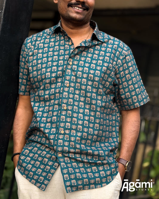 Printed Shiva Shirt - Regular Fit Half Sleeves Shirt | Teal Blue