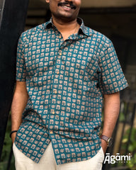 Printed Shiva Shirt - Half Sleeves Shirt | Teal Blue