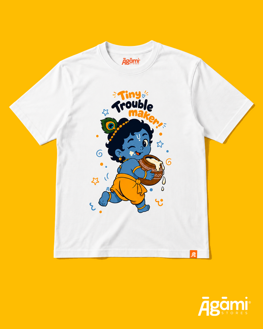 Tiny Trouble Maker Krishna Kids Tshirt | White