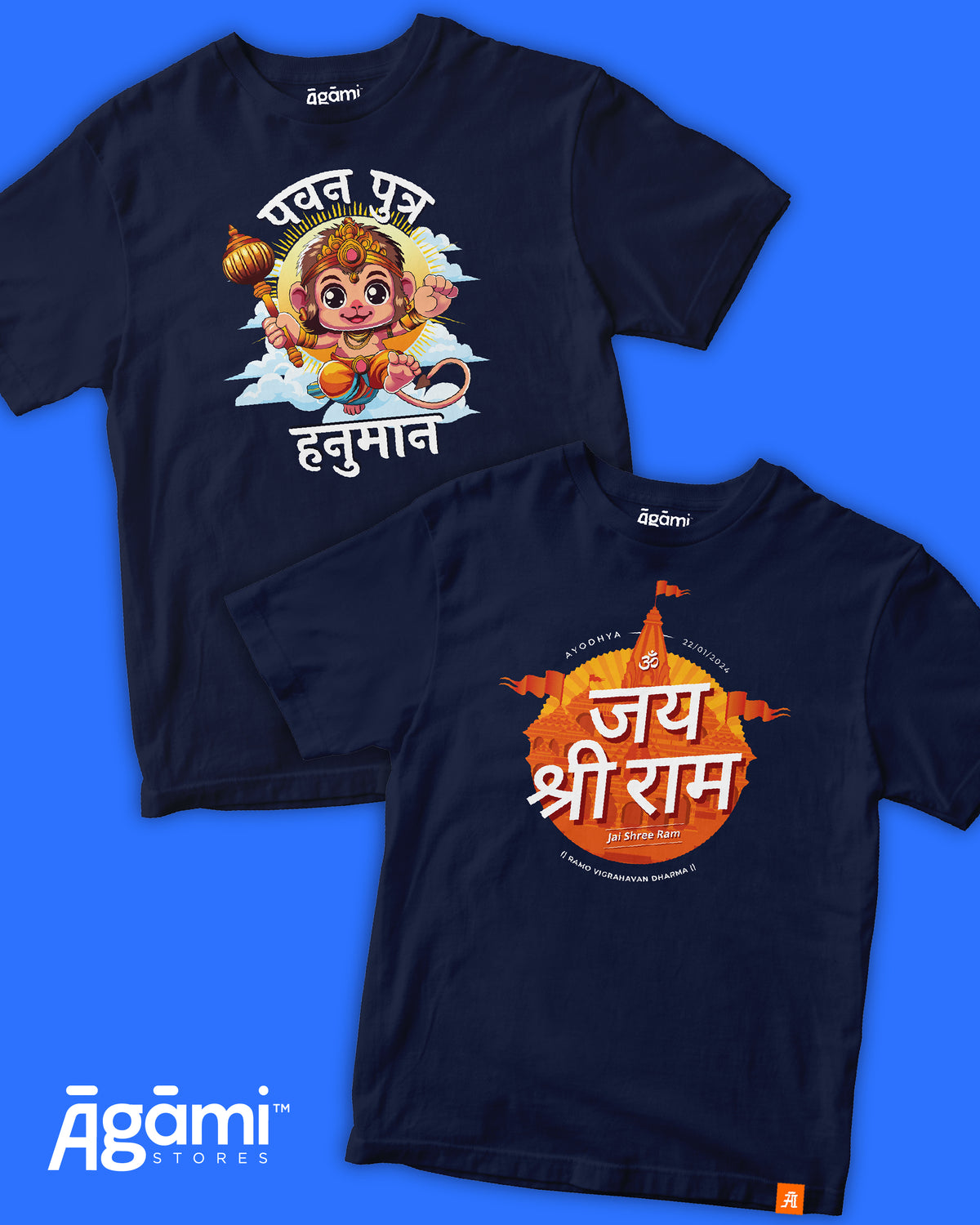 combo:baby-hanuman-tshirt-navy-blue,jai-shree-ram-kids-tshirt-devanagri-navy-blue