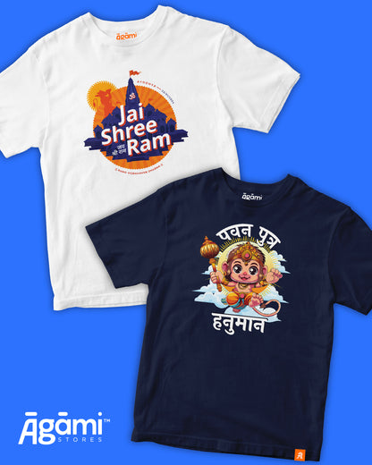 combo:jai-shree-ram-kids-tshirt-white,baby-hanuman-tshirt-navy-blue