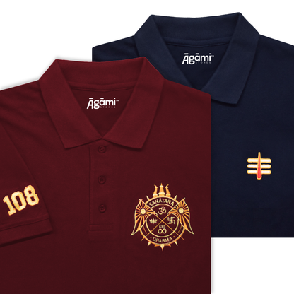 combo:sanatana-dharma-polo-neck-t-shirt-maroon,mahakal-tilak-polo-neck-t-shirt-navy-blue