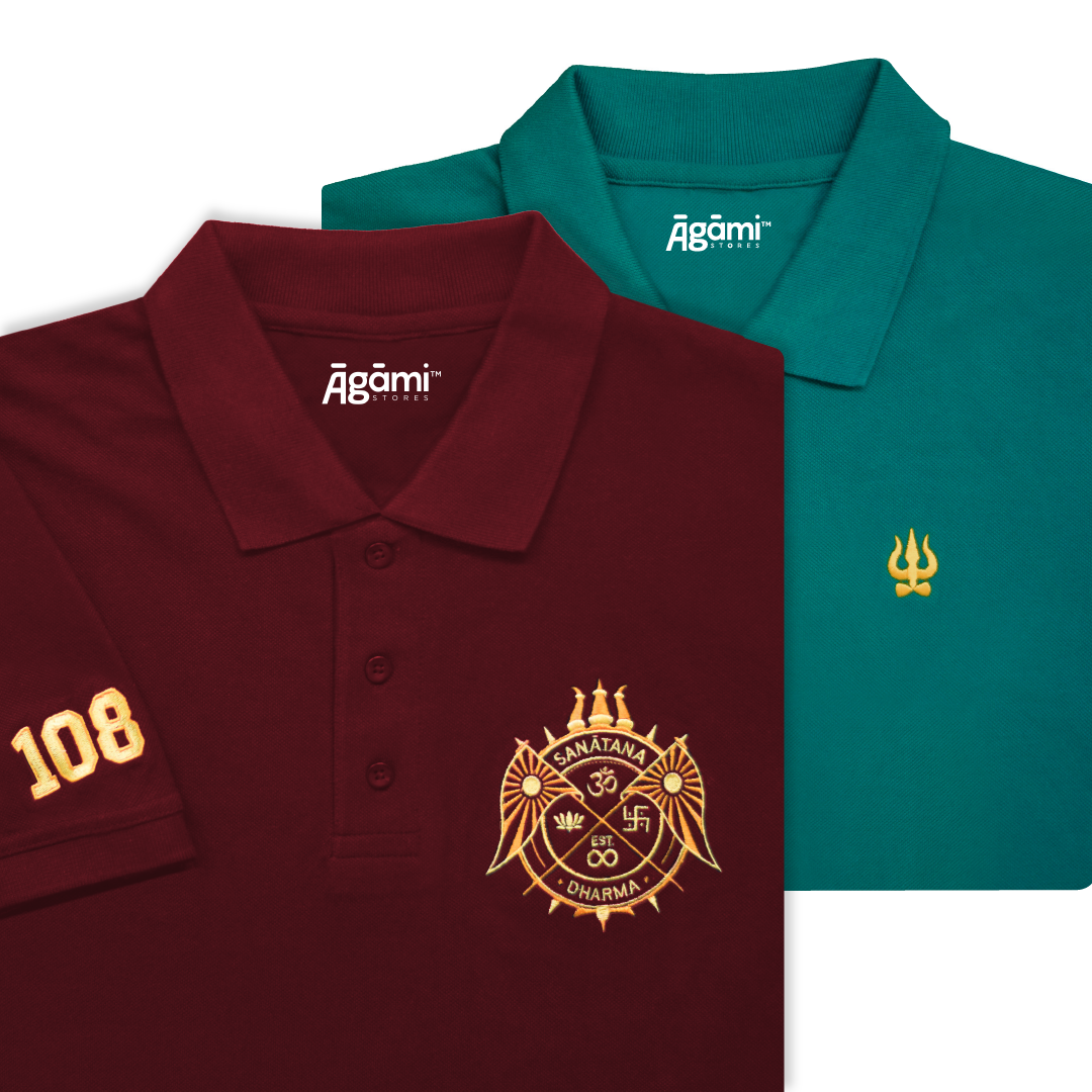 combo:sanatana-dharma-polo-neck-t-shirt-maroon,trishul-polo-neck-teal-blue-regular-fit