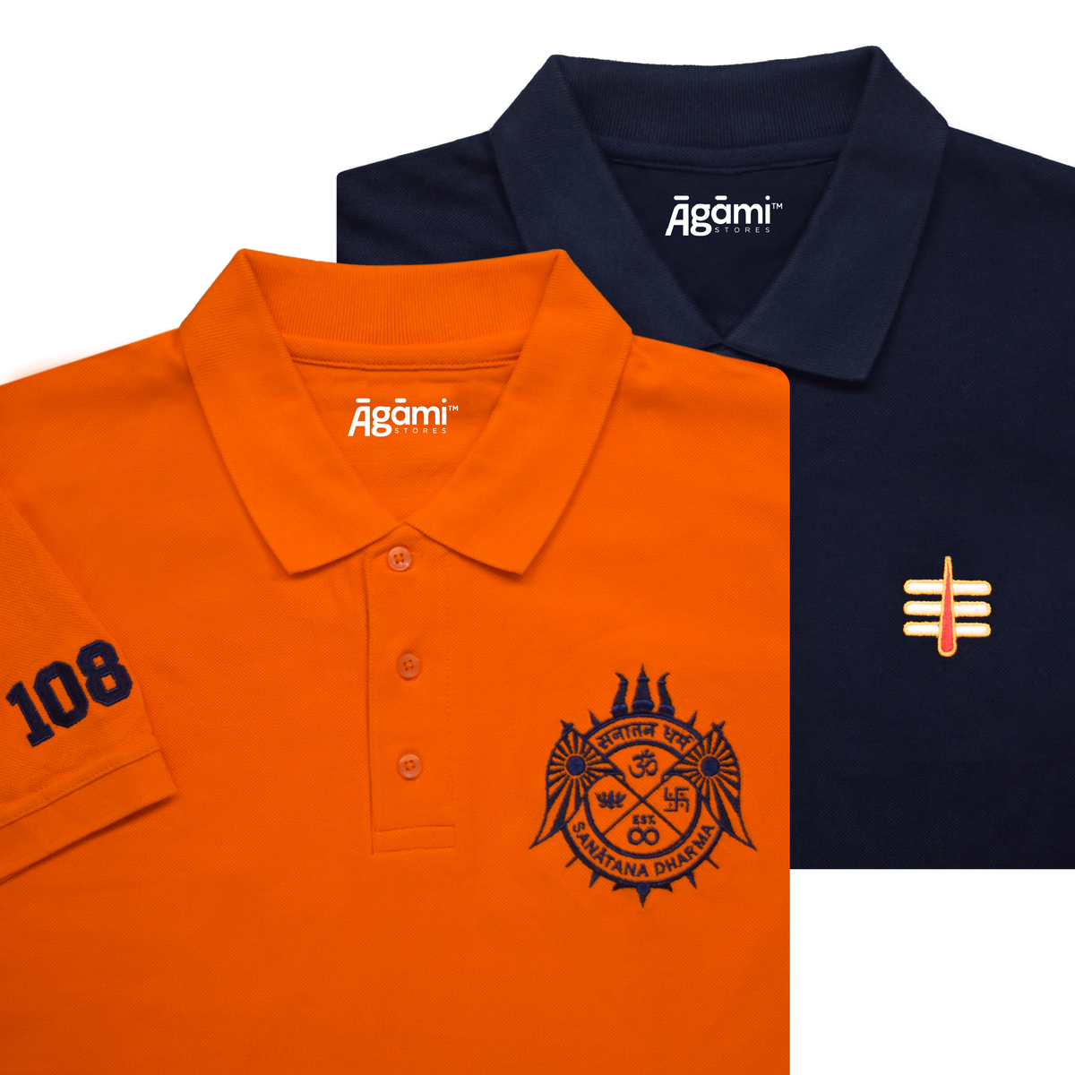 combo:sanatana-dharma-polo-neck-tshirt-orange,mahakal-tilak-polo-neck-t-shirt-navy-blue