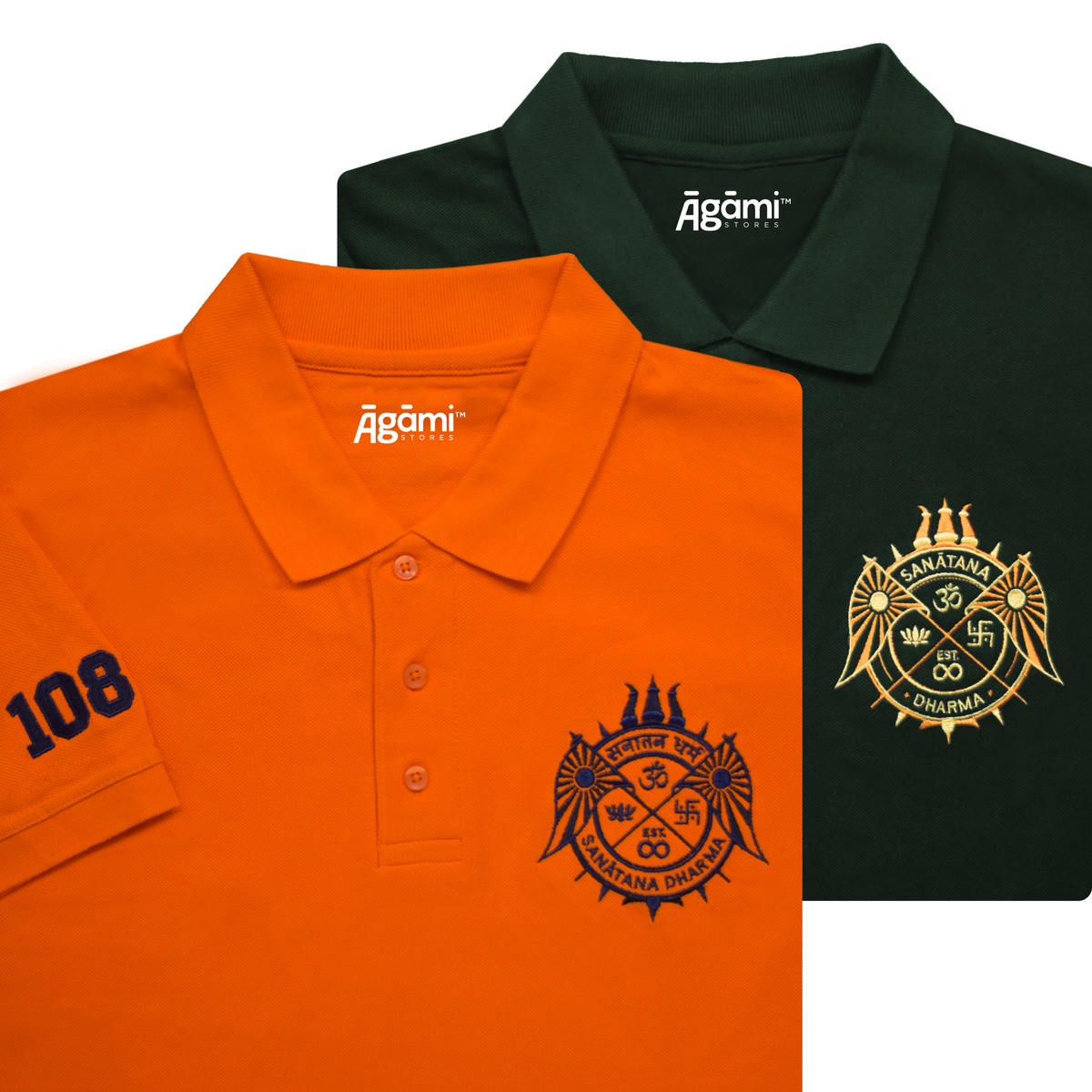 combo:sanatana-dharma-polo-neck-tshirt-orange,sanatana-dharma-polo-neck-t-shirt-green