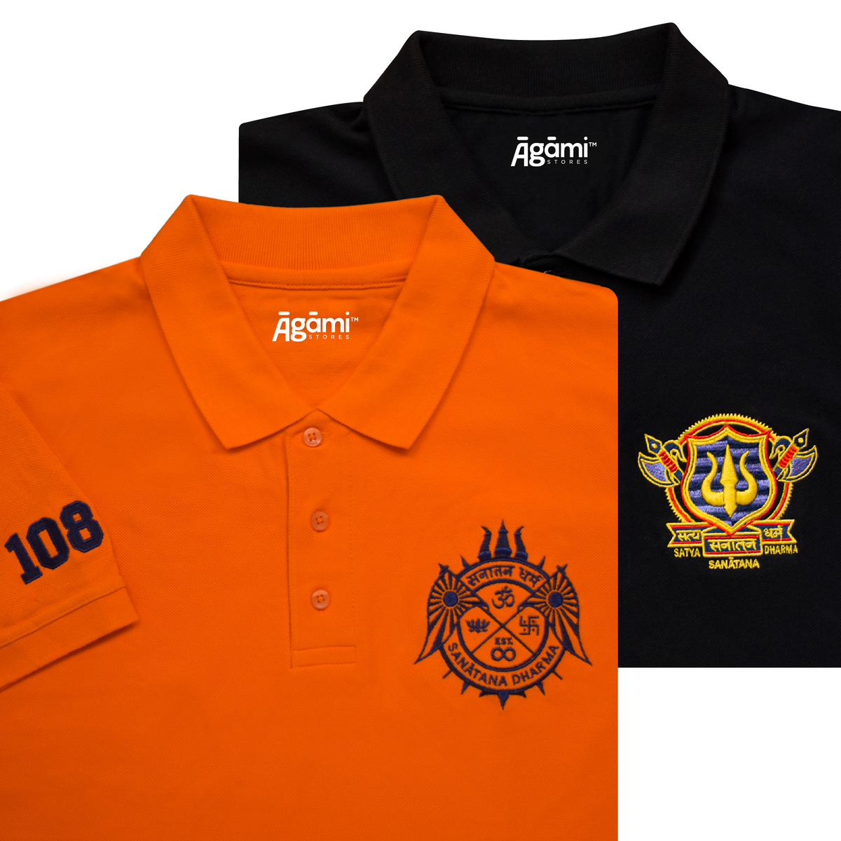 combo:sanatana-dharma-polo-neck-tshirt-orange,satya-santana-polo-tshirt-black