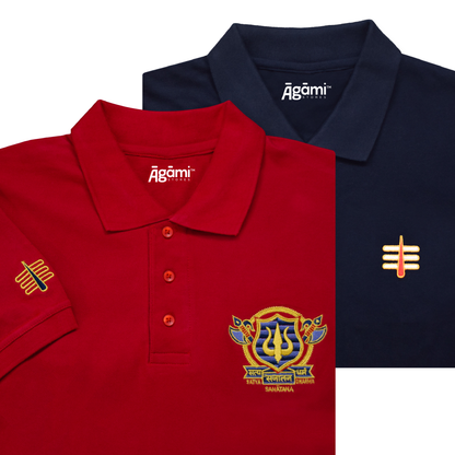 combo:satya-sanatana-dharma-polo-tshirt-mulberry-red,mahakal-tilak-polo-neck-t-shirt-navy-blue