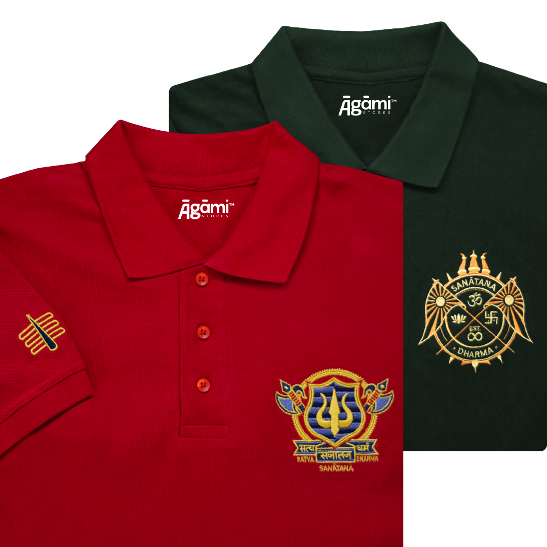 combo:satya-sanatana-dharma-polo-tshirt-mulberry-red,sanatana-dharma-polo-neck-t-shirt-green