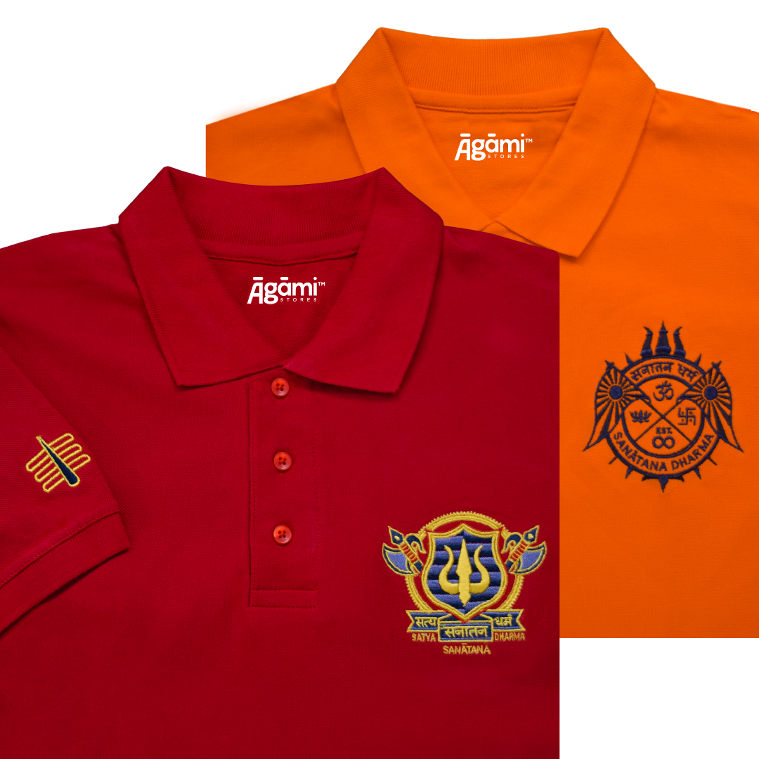 combo:satya-sanatana-dharma-polo-tshirt-mulberry-red,sanatana-dharma-polo-neck-tshirt-orange