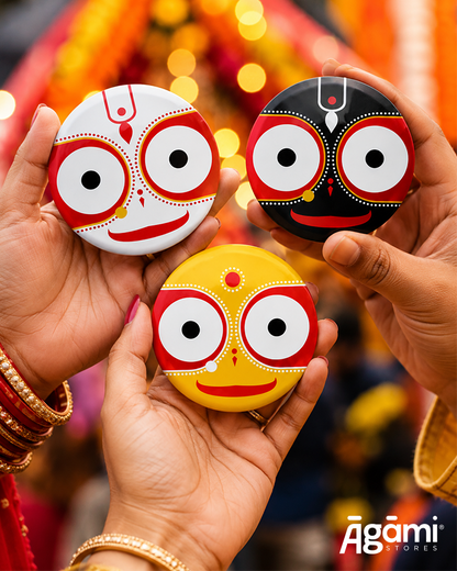 Shree Jagannath, Balabhadra & Subhadra | Set of 3 Pin Badges + Magnet